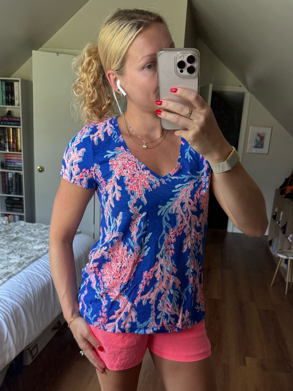Lilly Pulitzer Blue V-Neck Tee with Pink Coral Print